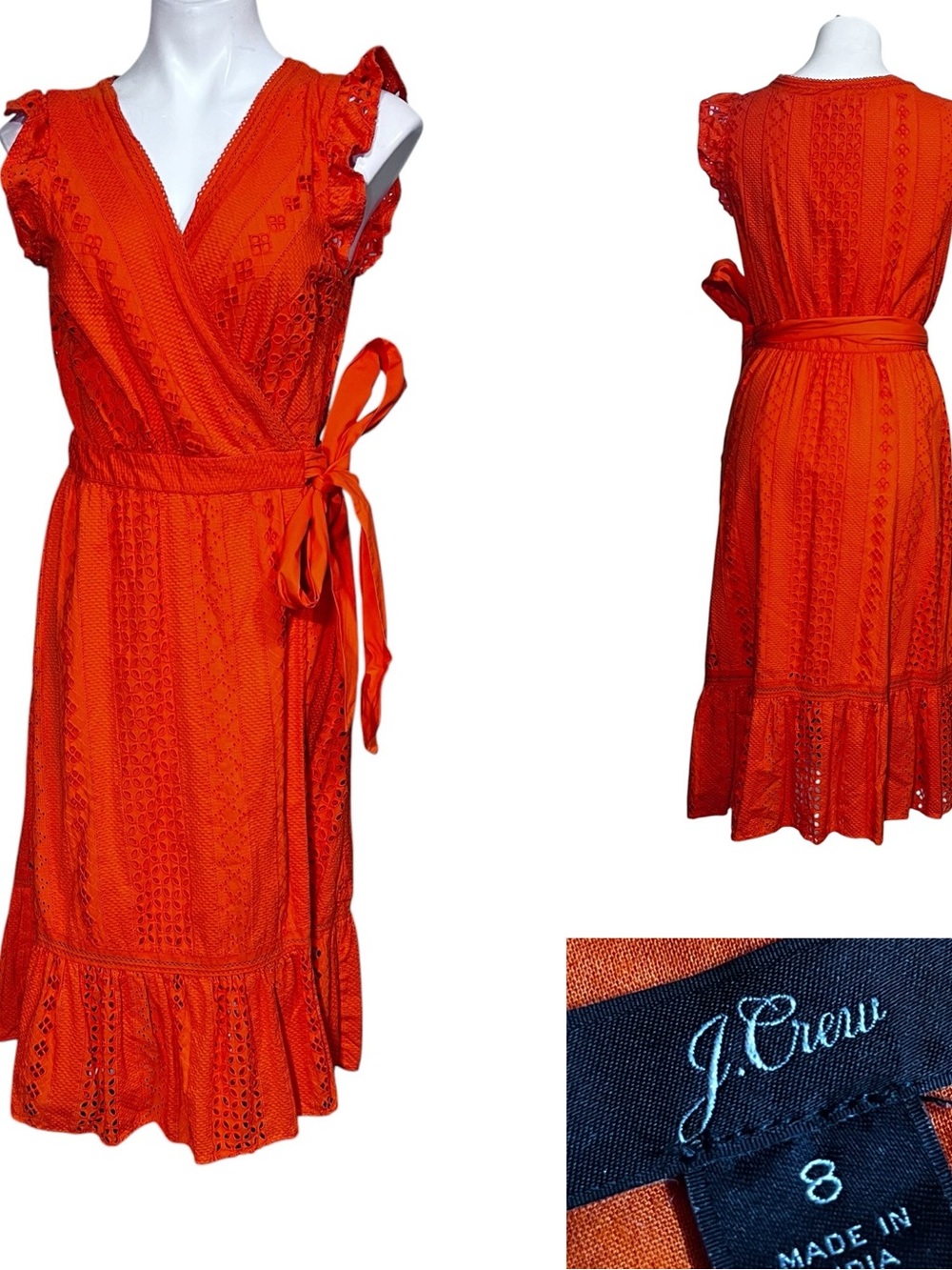 J Crew wrap dress sz 8 all over eyelet midi resort orange casual 100% cotton